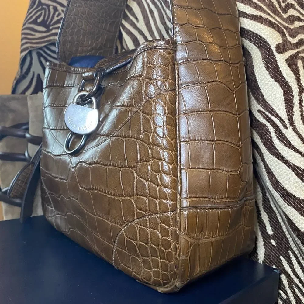 Ralph Lauren Collection Made in Italy Brown Alligator Soft Side Hobo Hand Bag